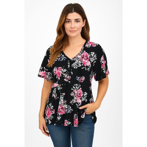 torrid Tops - Torrid Black Floral V-Neck Peplum Blouse